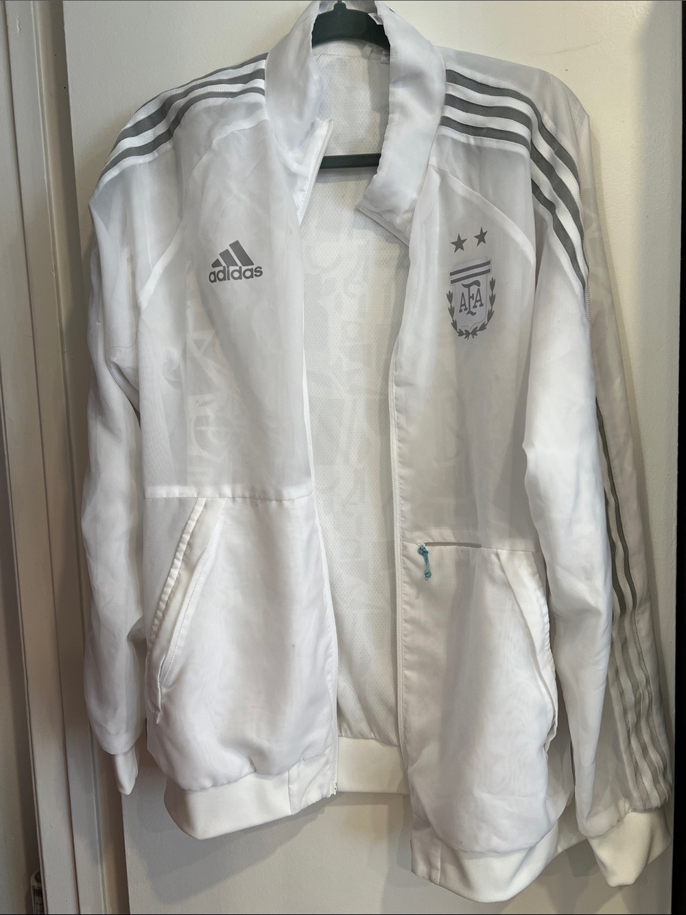 adidas White Track Windbreaker with Gray Stripes